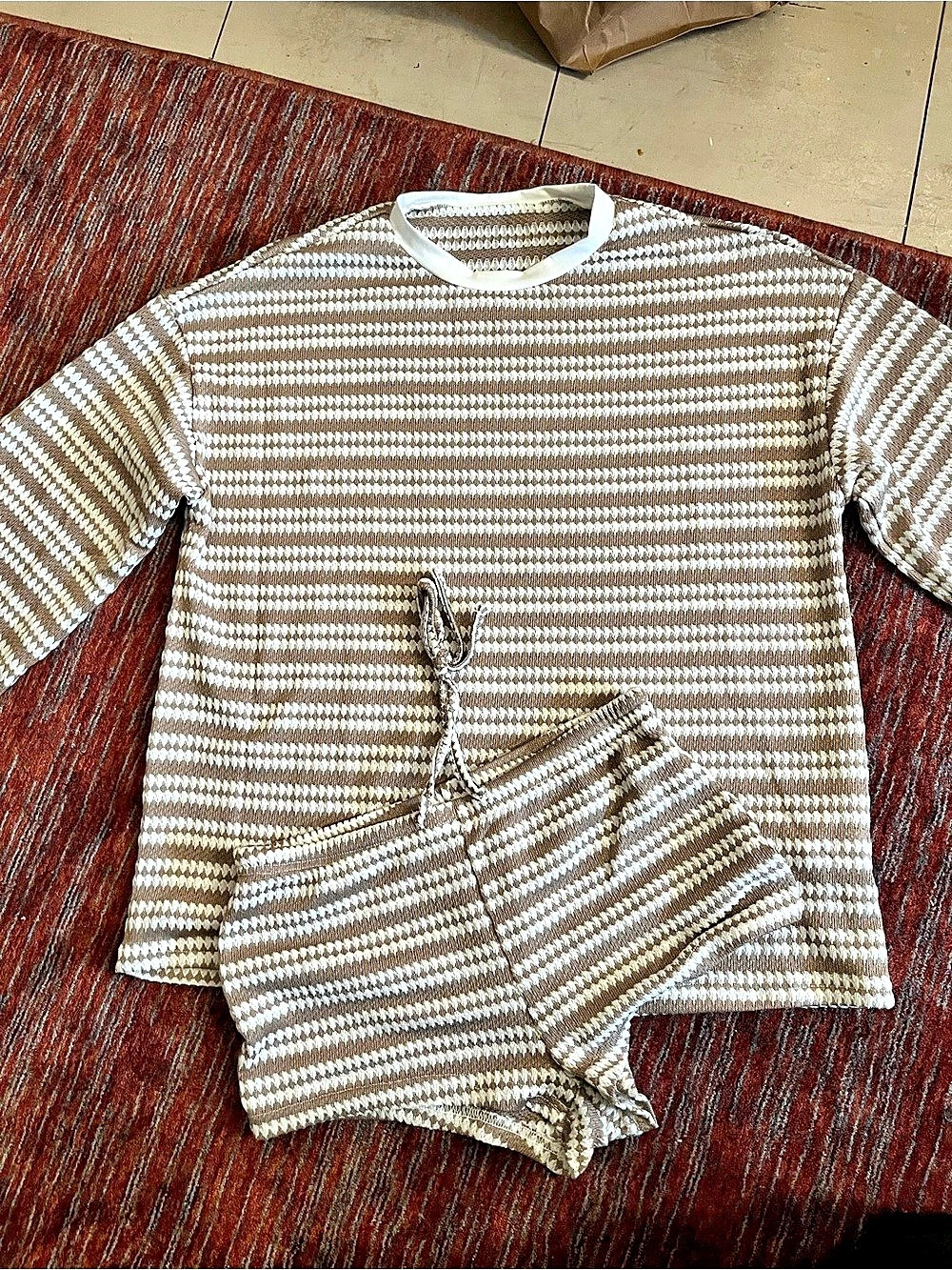 Striped Sweater & Shorts Set in Brown & White